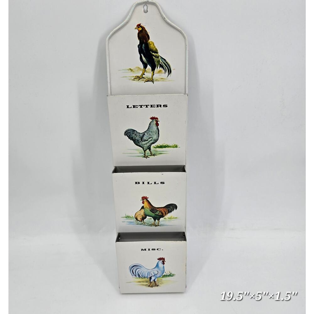 Vintage Rooster Mail Organizer Wall Pocket Farmhouse Metal Letter Holder Cottage
